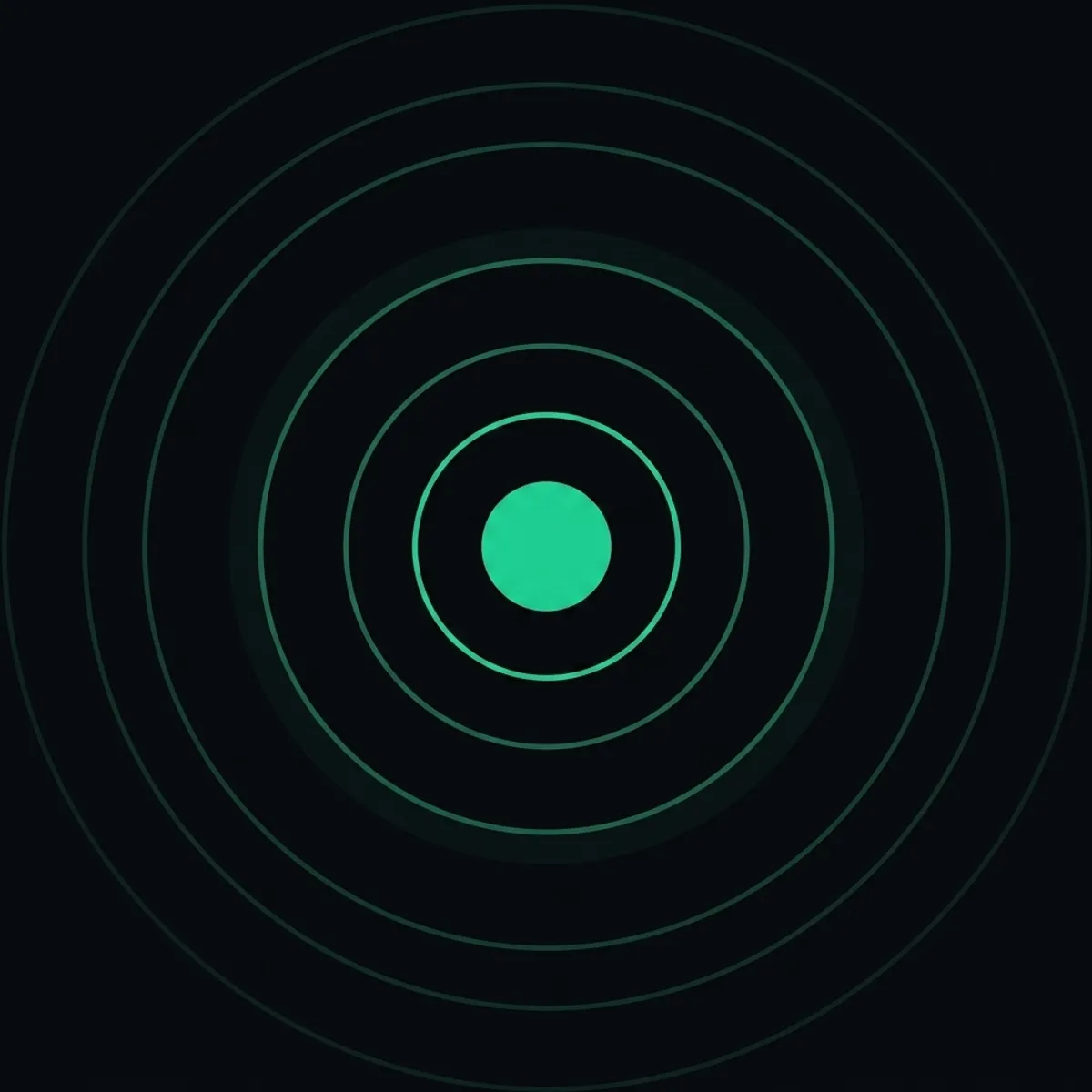 A geometric mark — a deep-emerald dot with concentric rings, suggesting a signal radiating outward.