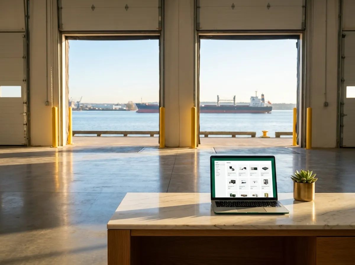 A sunlit warehouse with dock doors open to a Vancouver harbour, freighter on the water, a laptop on marble showing a B2B catalog.