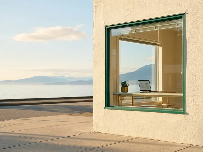 Small Vancouver storefront at twilight with a green OPEN sign and a laptop showing a bilingual website in the window.