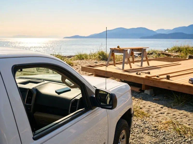 A contractor’s pickup at a Vancouver coastal site at golden hour, with a phone showing a Telegram notification on the dashboard.