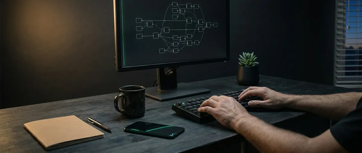 An engineer's workspace at dusk with a workflow diagram on screen — quiet, methodical operations work.