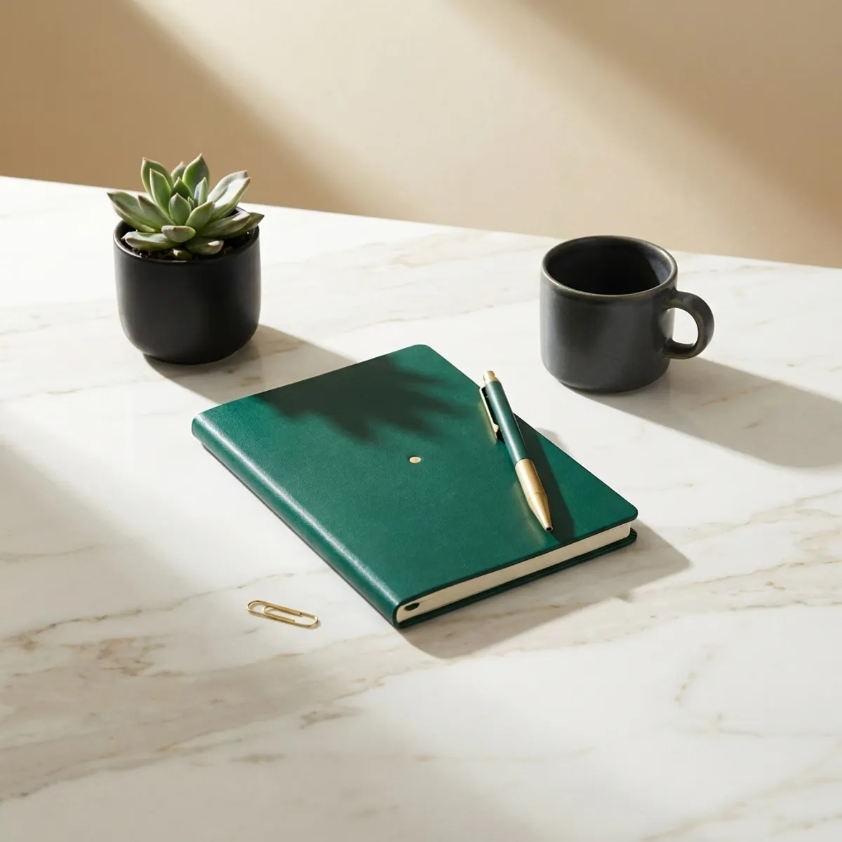 A deep-emerald leather notebook with a brass-tipped pen on a warm cream marble surface, a small succulent and a dark ceramic mug in soft morning light.